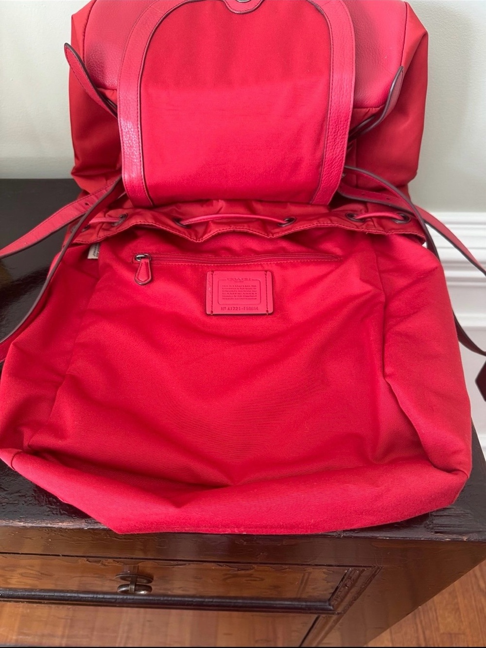Coach Bright Red Nylon Drawstring Backpack with Front Pockets - Picture 6 of 12
